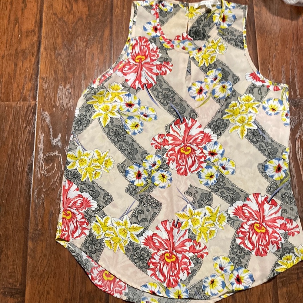 Violet& Claire beige with red,blue and yellow flowers with a black lace